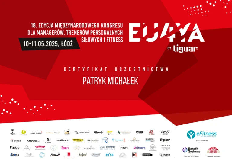 Certyfikat uczestnictwa w międzynarodowym kongresie dla managerów, trenerów personalnych, siłowych i fitness.